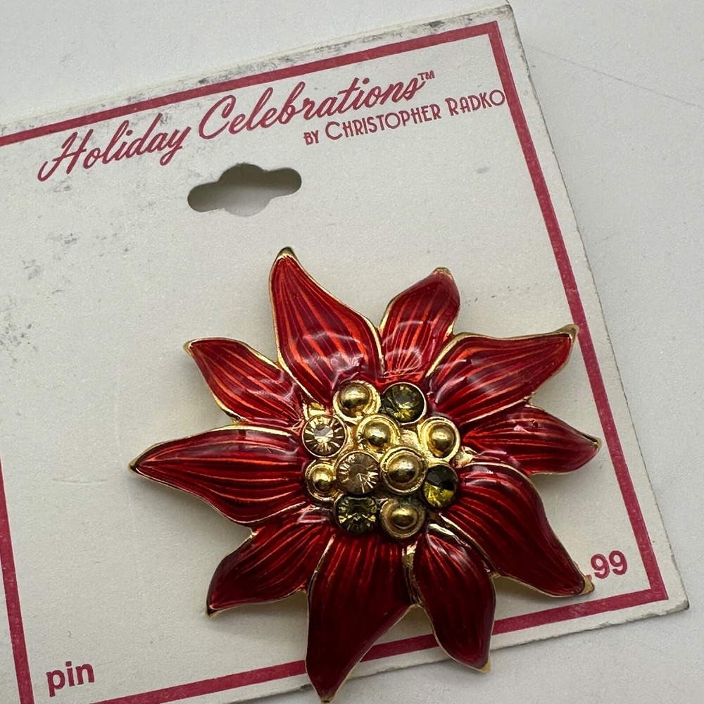 Christopher Radko Rhinestones Red Enamel Christmas Poinsettia Brooch Gold Tone